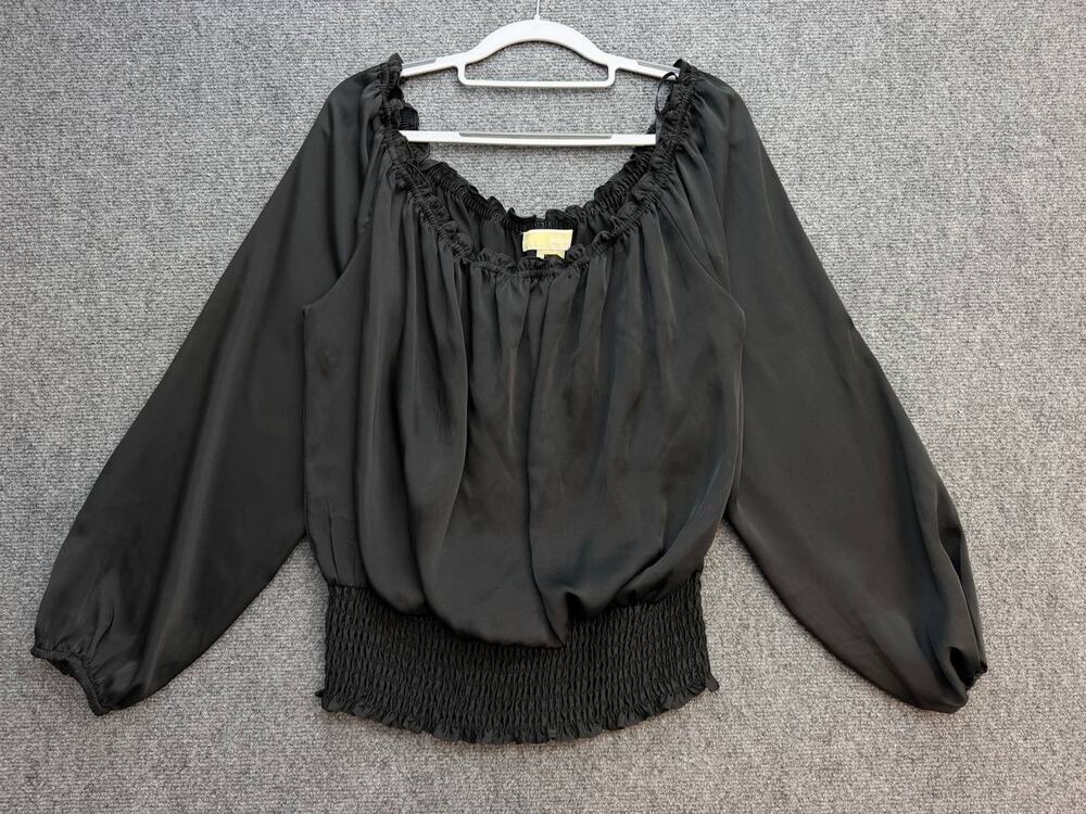 MICHAEL Michael Kors Women's L Black Peasant Blouse Smocked Hem Long Sleeve